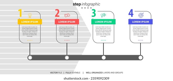Line step infographic. 4 options workflow diagram, arrow timeline number infograph, process steps chart. Linear vector infographics. Process order infographic arrow and steps point illustration