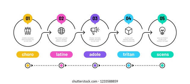 Line Step Infographic. 5 Options Workflow Diagram, Circle Timeline Number Infograph, Process Steps Chart. Linear Vector Infographics