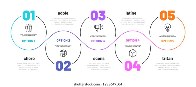 Line step infographic. 5 options workflow diagram, number infograph, process steps chart with line icons. Information vector concept