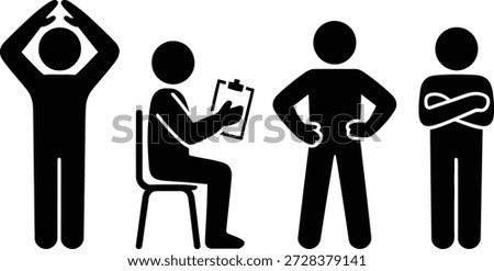 A line of stick figures depicting different postures and an evaluator with a clipboard