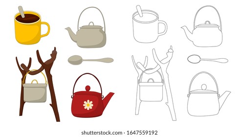 Line stock flat vector illustration. Camping isolated elements set. Contour and flat version. Spoon tea cup kettle bonfire cartoon style