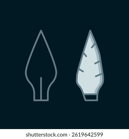 Line Stone age arrow head icon isolated on black background. Medieval weapon. Flat filled outline style with shadow. Vector