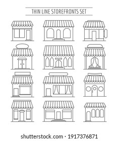 Line street retail fronts. Streets shopping and business commercial buildings linear vector illustration, cafe and restaurant storefronts icons