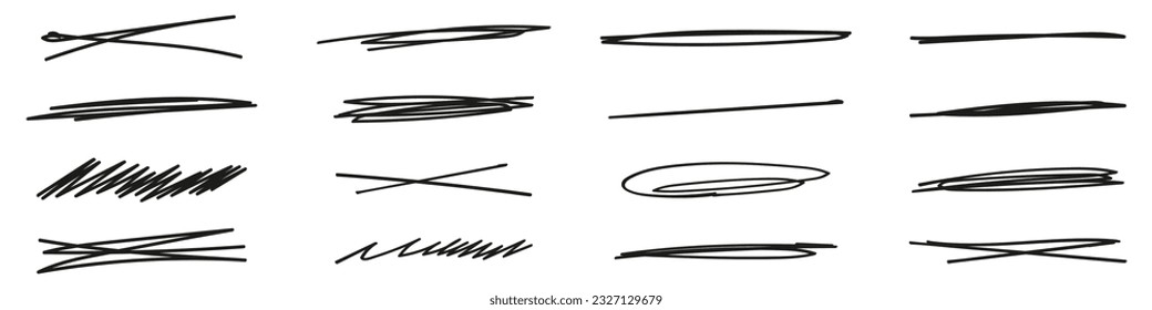 Line strikethrough elements. Underline Pen Doodle Stroke.Collection of hand-drawn strikethrough graphic markers. Vector isolated illustration