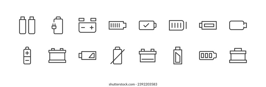 Line-Strich-Set von Batterieliesymbole. Premium-Symbole für Ihr Design. Bearbeitbare Vektorgrafiken einzeln auf weißem Hintergrund