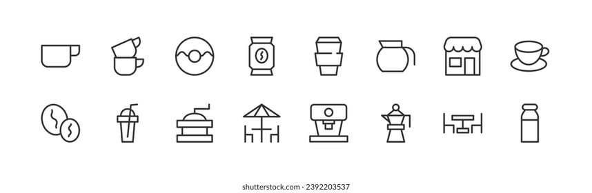 Juego de trazo de línea de iconos de café. Símbolos premium para tu diseño. Objetos vectoriales editables aislados en un fondo blanco