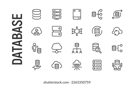 Conjunto de trazo de línea de iconos de base de datos. Símbolos premium para tu diseño. Objetos vectoriales editables aislados en un fondo blanco.