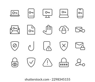 Line Strich Set von Internet-Sicherheits-Symbole. Premium-Symbole für Ihr Design. Bearbeitbare Vektorgrafiken einzeln auf weißem Hintergrund
