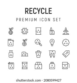Juego de trazo de línea de iconos de reciclaje. Símbolos premium para tu diseño. Objetos vectoriales editables aislados en un fondo blanco.