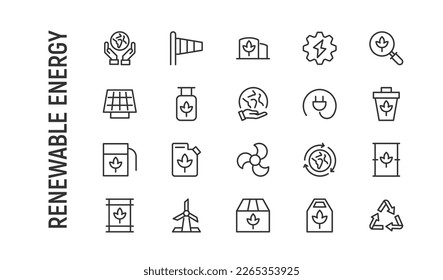 Line stroke set of renewable energy icons. Premium symbols for your design. Editable vector objects isolated on a white background.