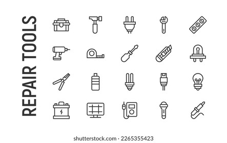 Line stroke set of repair tools icons. Premium symbols for your design. Editable vector objects isolated on a white background.