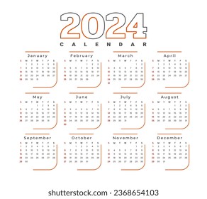 line style 2024 full page calendar template with months and dates design vector