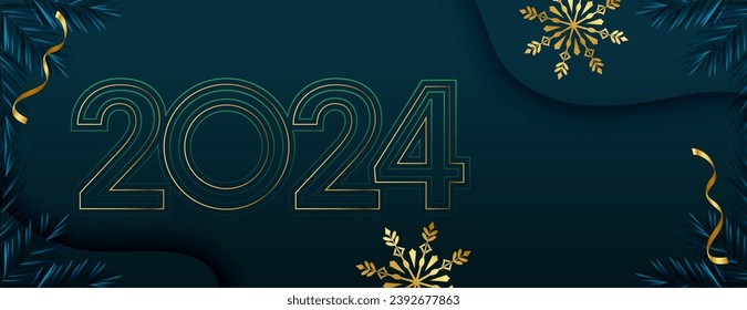 line style 2024 golden text new year wishes banner with snowflake vector