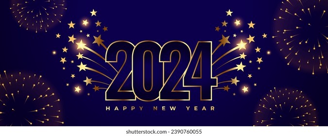 banner de fuegos artificiales de año nuevo estilo línea 2024 con vector de diseño estrella de explosión