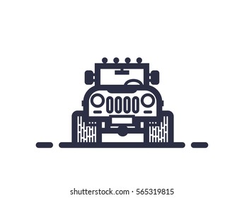 Line style 4x4 offroad vector illustration. Retro style flat emblem of big wheel car. 