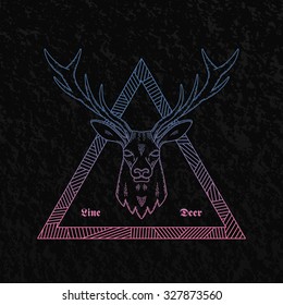 Line Style Abstract Vector Deer Head Illustration Bordered in a Triangle with Tribal Pattern. Good for Logos, Posters, T-shirts, etc. On Black Background with Retro Texture.