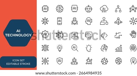 Line style AI technology icons set for web and mobile app. Artificial intelligence, machine learning, smart robotics, cloud computing, algorithm, digital AI network icons, and more.