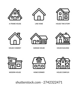 Line Style Assorted Home Type Real Estate Minimalist Icon Set