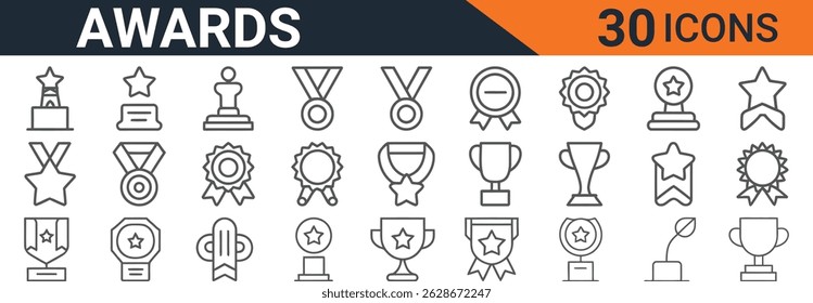 Conjunto de iconos de premios de estilo de línea con trofeos, medallas, estrellas, insignias y cintas para logros y reconocimiento