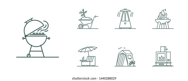 Line style barbecue icons set. Minimal illustration for designation of outdoor grill, bbq and heating devices and furniture.