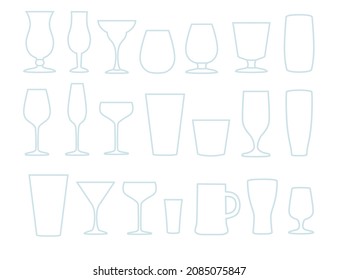 Line style beer wine and water glasses mugs vector illustration on white background