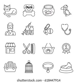 Line style black and white vector pet and vet icons set.  Cat, dog, bird and fish linear symbols. Illustration with goods for animals.