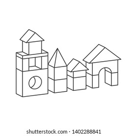 Line style blocks toy tower for coloring book. Bricks childrens building construction, castle, house. Vector volume style illustration isolated on white background