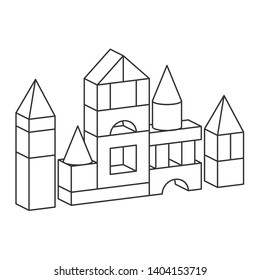 El estilo de línea bloquea la torre de juguete para colorear el libro. Ladrillos niños construyendo, castillo, casa. Ilustración de estilo de volumen de vectores aislada en fondo blanco
