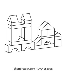 Line style blocks toy tower for coloring book. Bricks childrens building construction, castle, house. Vector volume style illustration isolated on white background