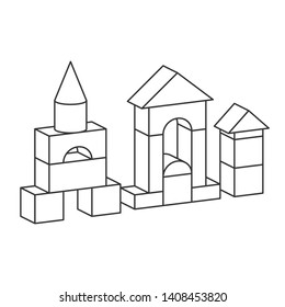 Line style blocks toy tower for coloring book. Bricks childrens building construction, castle, house. Vector volume style illustration isolated on white background