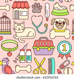Line style bright colored vector seamless illustration with pets. Vet pattern on pink with linear icons. Line style veterinarian background. Goods for cats, dogs and birds.