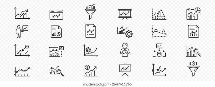 Estilo de Linha Business Data Analytics e Reporting Ícones, Plana conjunto de ícone de esboço de análise de negócios, gráficos financeiros, dados de investimento, métricas de vendas, crescimento de lucros, painel de relatórios etc