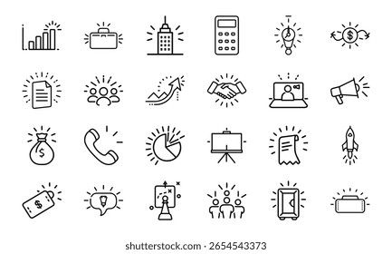 Line Style Business and Finance Icon Set Featuring Graphs, Marketing, Strategy, Money, Communication, and Technology Symbols for Corporate Use and Presentations
