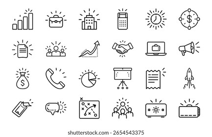 Line Style Business and Finance Icon Set Featuring Graphs, Marketing, Strategy, Money, Communication, and Technology Symbols for Corporate Use and Presentations