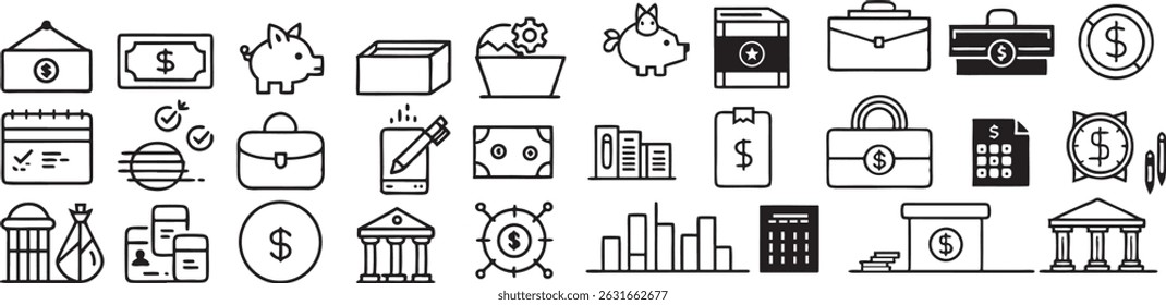 Line Style Business Finance Vector Icons, Crypto, Banking, Marketing, Analytics, Report, Currency, Financial Growth Symbols for Web App, Editable Outline Vector for Budgeting, Charts, Reports, 