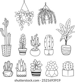 Línea estilo cactus y suculentas conjunto Vector Imagen