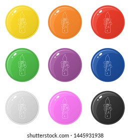 Line style candle icons set 9 colors isolated on white. Collection of glossy round colorful buttons. Vector illustration for any design.