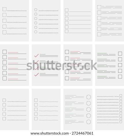 Line Style Checklist UI Templates Set, Minimal Task List Layouts with Checkboxes and Dotted Lines for App and Web Interface Design