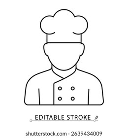 Line style chef icon with hat and editable stroke. Flat outline of professional cook in uniform, vector symbol for culinary industry, kitchen staff, food preparation, restaurant, and service roles