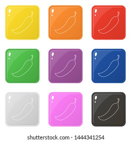 Line style chilli icons set 9 colors isolated on white. Collection of glossy square colorful buttons. Vector illustration for any design.