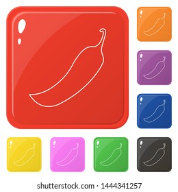 Line style chilli icons set 8 colors isolated on white. Collection of glossy square colorful buttons. Vector illustration for any design.