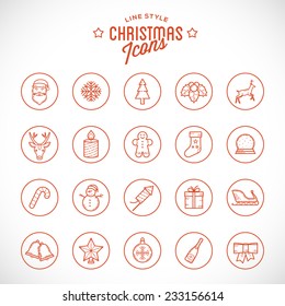 Line Style Christmas and New Year Icon Set  With Tree, Snowflake, Santa, Deer, Gift, Snowman, Star, Firework, Sock and Other Isolated