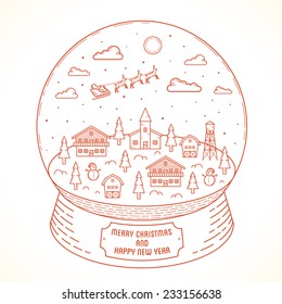 Line Style Christmas and New Year Vector Snowball Town Illustration With Greetings. Good for Posters, Cards and Backgrounds