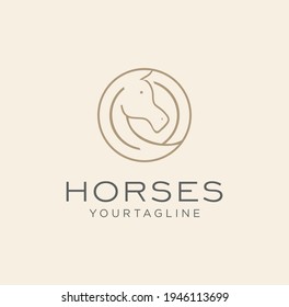 Line Style Circle Horse Stallion Logo Design Template Vector Stock