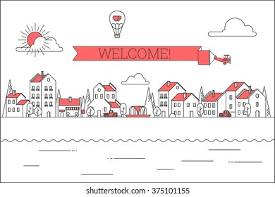Line style city vector illustration. Houses, vintage cars, plane with banner.