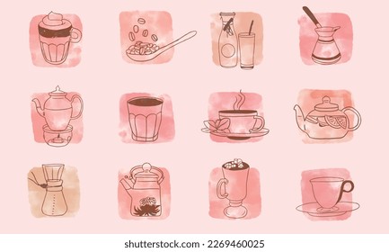 Line style coffee and tea icon with watercolor background vector