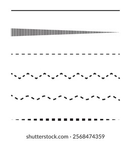 Line style collection. Dashed line elements. Vector straight patterns. Minimal black shapes.