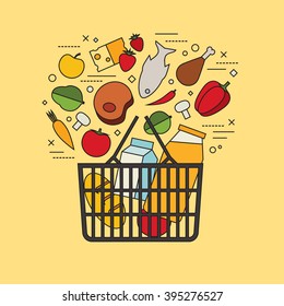 Line style colored vector illustration of food and drink products falling down into basket isolated on bright background