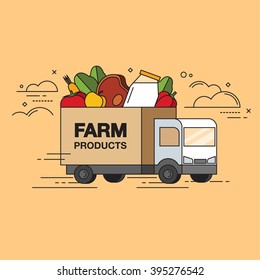 Line style colored vector illustration of lorry delivering farm organic products isolated on bright background