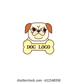 Line style colored vector illustration with dog with bone. Linear pug icon. Pet shop logo.